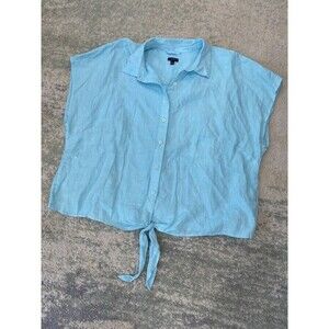 Talbots Blue 100% Linen Plus Petite 3XP Lightweight Summer Top Tie Country
